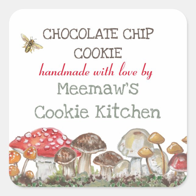 Pegatina Cuadrada Personalizado Mushroom Nature Bee Diseño Rústico (Anverso)