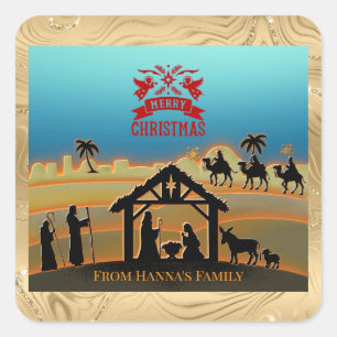 Pegatina Cuadrada Personalizado Natividad de Oro "Feliz Navidad"