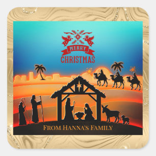 Pegatina Cuadrada Personalizado Natividad de Oro "Feliz Navidad"