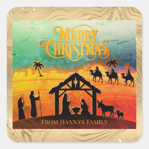 Pegatina Cuadrada Personalizado Natividad de Oro "Feliz Navidad"