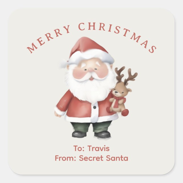 Pegatina Cuadrada Personalizado Navidades de color Santa acuarela re (Anverso)