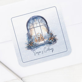 Pegatina Cuadrada Personalizado Nieve Nórdica Invierno Pastel Azul Y