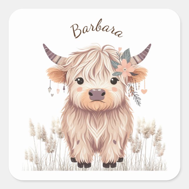 Pegatina Cuadrada Personalizado Nombre Cute Moderno Boho Highland Co (Anverso)