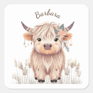 Pegatina Cuadrada Personalizado Nombre Cute Moderno Boho Highland Co