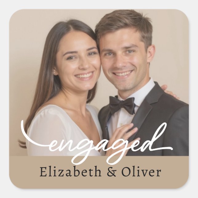 Pegatina Cuadrada Personalizado Nombre de foto Compromiso con guión  (Anverso)