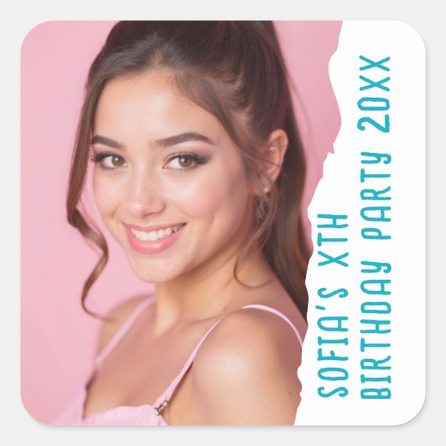 Pegatina Cuadrada Personalizado Nombre Foto Año Fiesta de cumpleaños (Anverso)