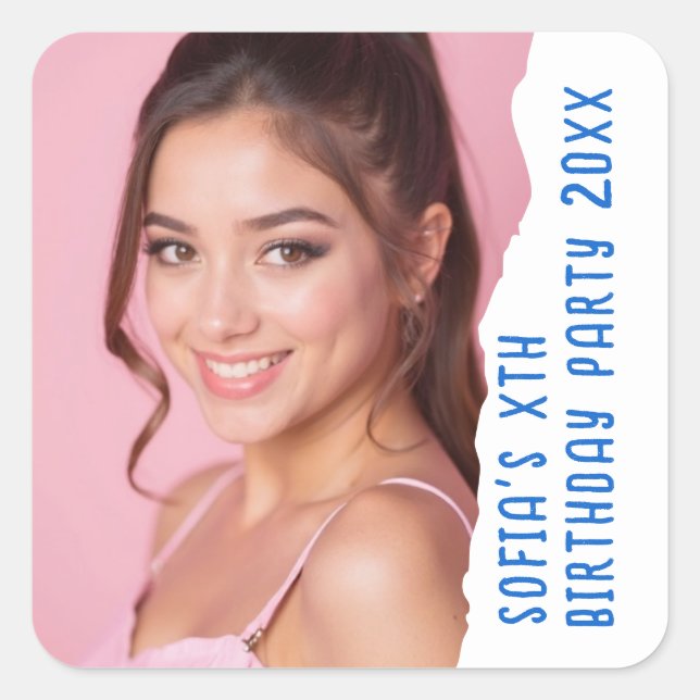 Pegatina Cuadrada Personalizado Nombre Foto Año Fiesta de cumpleaños (Anverso)