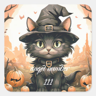 Pegatina Cuadrada personalizado número de ángel Halloween gato negro