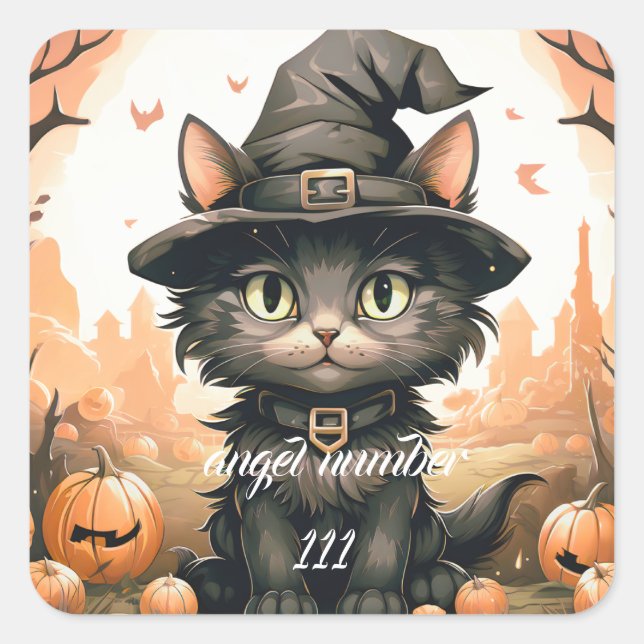Pegatina Cuadrada personalizado número de ángel Halloween gato negro (Anverso)