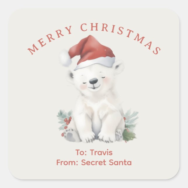 Pegatina Cuadrada Personalizado oso polar Navidades de acuarela víbo (Anverso)