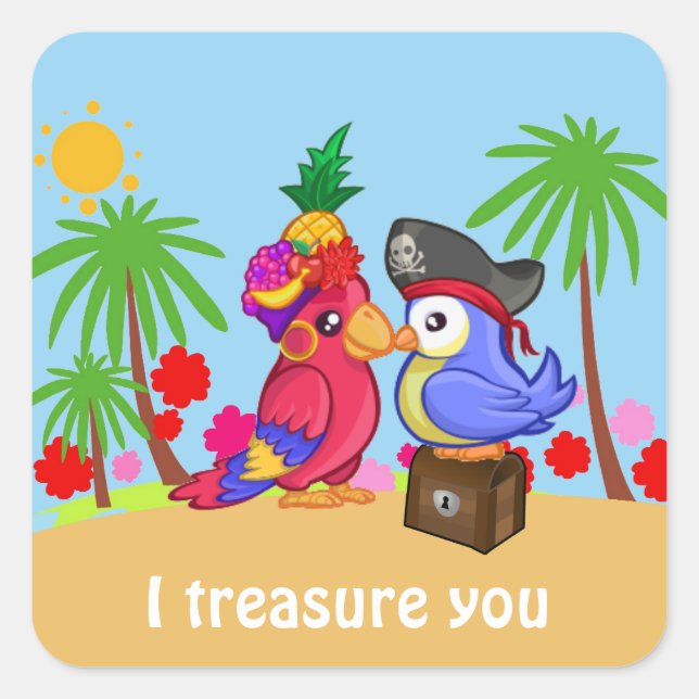 Pegatina Cuadrada Personalizado Pirate Parrots Treasure Love (Anverso)