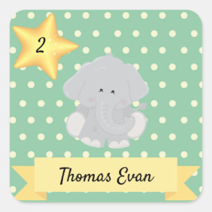 Pegatina Cuadrada Personalizado Polka Dot Elephant con nombre y edad