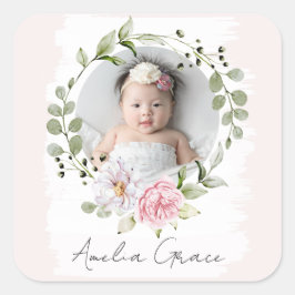 Pegatina Cuadrada Personalizado Precioso Rubor Floral Foto de Niña