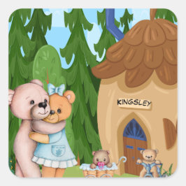 Pegatina Cuadrada Personalizado pueblo picnic de Teddy Bear