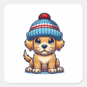 Pegatina Cuadrada Personalizado Puppy Wearing Beanie Gorra