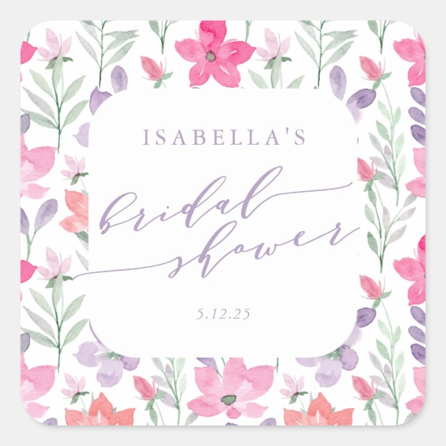 Pegatina Cuadrada Personalizado Púrpura Púrpura Acuarela Floral Brid (Anverso)