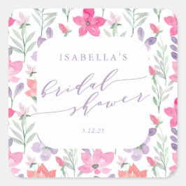 Pegatina Cuadrada Personalizado Púrpura Púrpura Acuarela Floral Brid