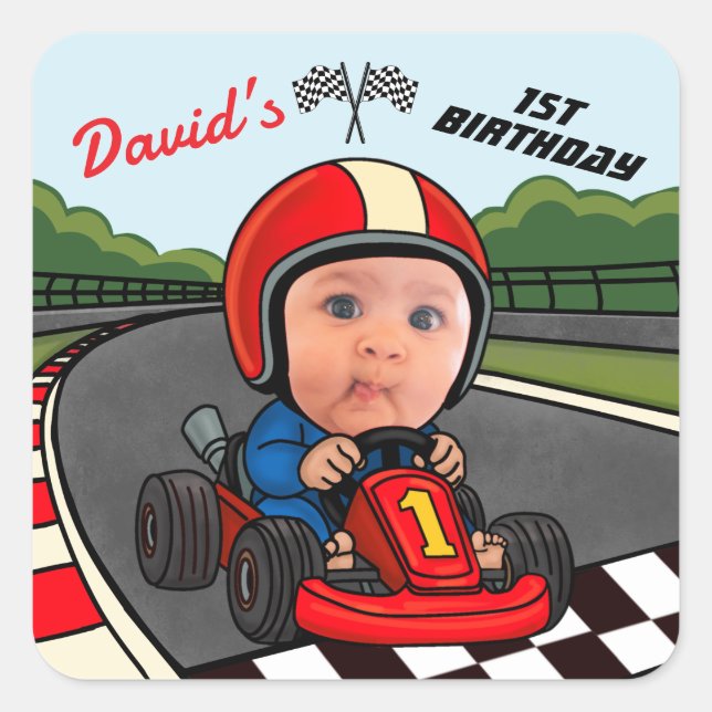 Pegatina Cuadrada Personalizado Race Car Driver Kids Face 1er cumple (Anverso)