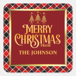 Pegatina Cuadrada PERSONALIZADO Red Black Plaid Gold Merry Christmas