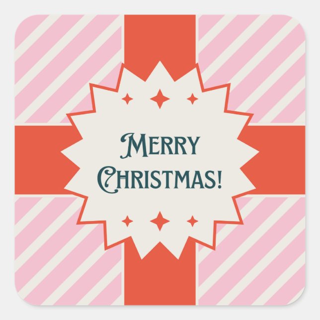 Pegatina Cuadrada Personalizado retro "Feliz Navidad" Candy rosado a (Anverso)