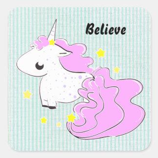 Pegatina Cuadrada Personalizado rosa unicornio con estrellas pegatin