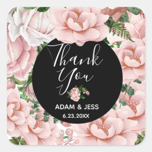 Pegatina Cuadrada Personalizado Rubor Pink Floral Bouquet Gracias