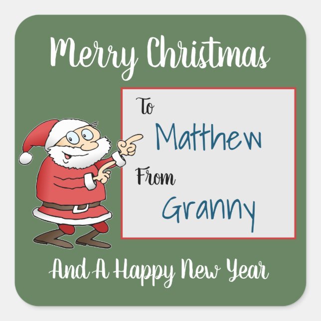 Pegatina Cuadrada Personalizado Santa Claus Apuntando Sobre El Nombr (Anverso)