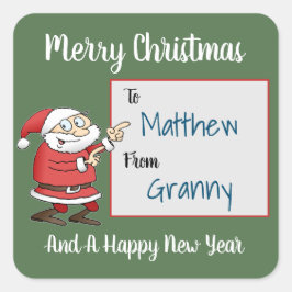 Pegatina Cuadrada Personalizado Santa Claus Apuntando Sobre El Nombr
