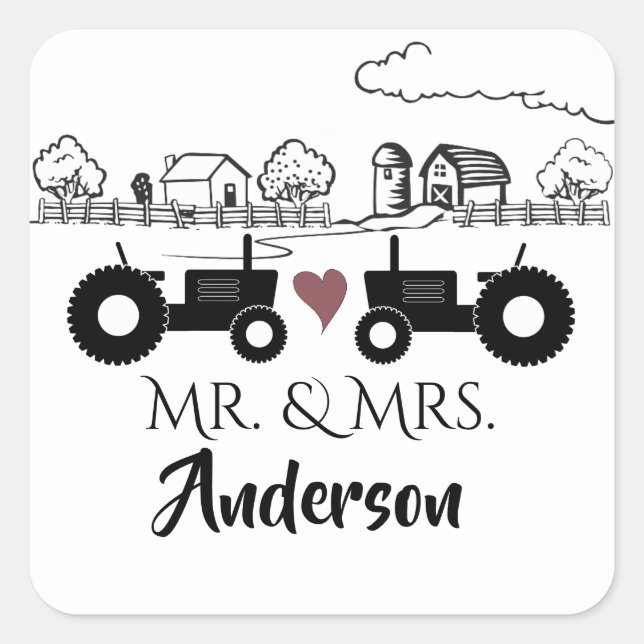 Pegatina Cuadrada Personalizado Sr. y Sra. Tractor Couple Farm LOVE (Anverso)