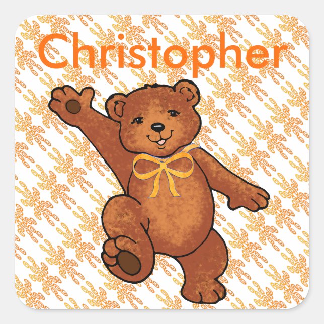 Pegatina Cuadrada Personalizado Teddy Bear con luces Naranjas (Anverso)