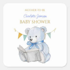 Pegatina Cuadrada Personalizado Teddy Bear leyendo un libro en Baby 