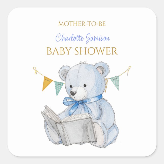 Pegatina Cuadrada Personalizado Teddy Bear leyendo un libro en Baby  (Anverso)