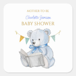 Pegatina Cuadrada Personalizado Teddy Bear leyendo un libro en Baby 