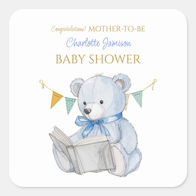 Pegatina Cuadrada Personalizado Teddy Bear leyendo un libro Felicita (Anverso)