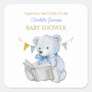 Pegatina Cuadrada Personalizado Teddy Bear leyendo un libro Felicita