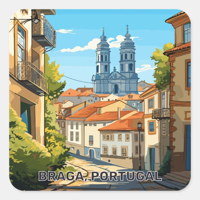 Pegatina Cuadrada Personalizado Texto Braga Portugal (Anverso)
