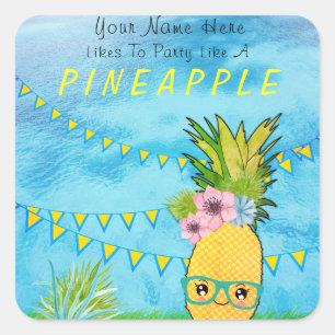 Pegatina Cuadrada Personalizado Texto / Fiesta Piña Kawaii Playa de
