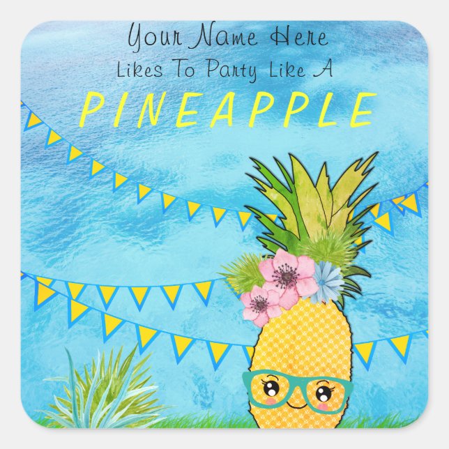 Pegatina Cuadrada Personalizado Texto / Fiesta Piña Kawaii Playa de  (Anverso)
