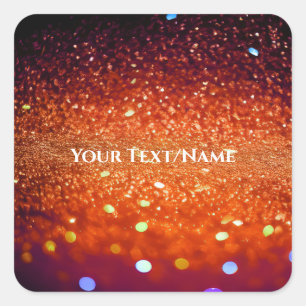 Pegatina Cuadrada Personalizado Texto - Purpurina de Bokeh - Naranja