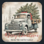 Pegatina Cuadrada Personalizado Vintage Truck Merry Christmas<br><div class="desc">Añada un toque de nostalgia a su correo de vacaciones y regalos con estos pegatinas de camiones antiguos. Añade fácilmente tu nombre y saludo con sólo unos cuantos clics.</div>