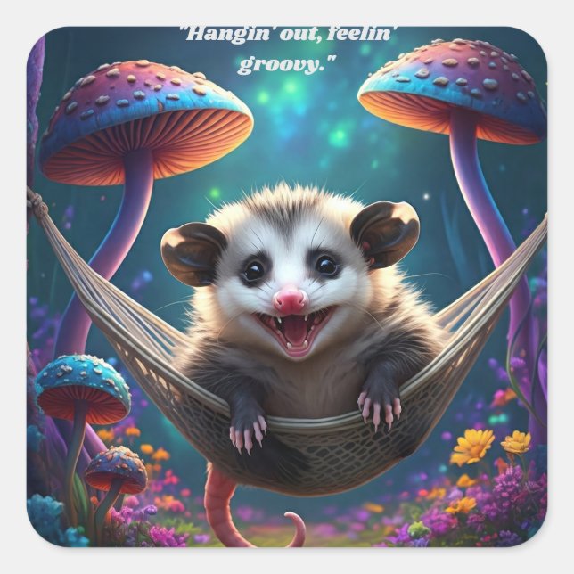 Pegatina Cuadrada Personalizado Whimsical Opossum Psychedelt Hippie (Anverso)
