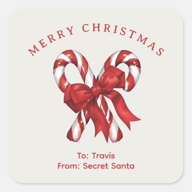 Pegatina Cuadrada Personalizados dulces con Navidades de arco regalo (Anverso)