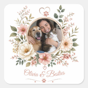 Pegatina Cuadrada PersonalizaFoto & Nombre Amante de Mascotas Floral