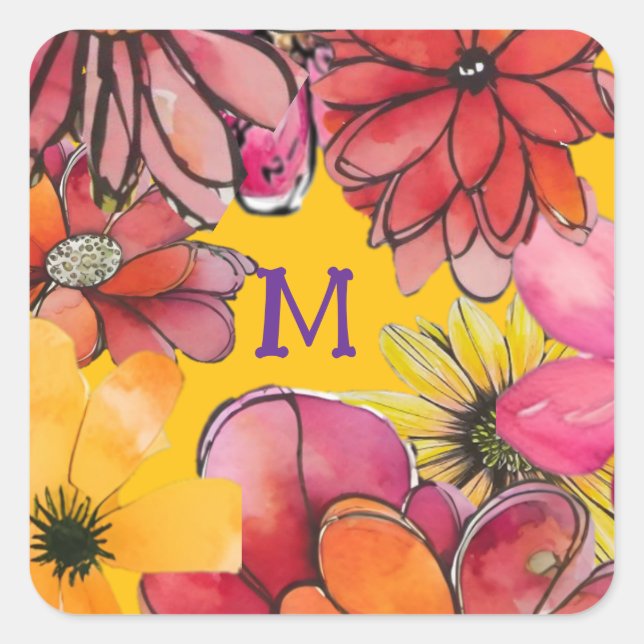 Pegatina Cuadrada Personalizar. Alegre poder de flores de los años 7 (Anverso)