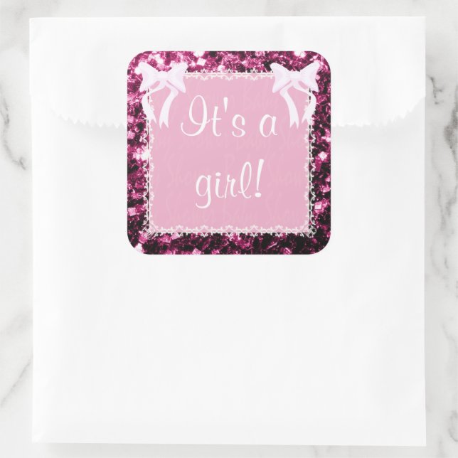 Pegatina Cuadrada Personalizar Baby Girl Shower chispas rosas (Bolso)