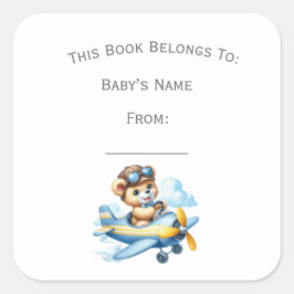 Pegatina Cuadrada Personalizar Flying Teddy Bear Book Plate