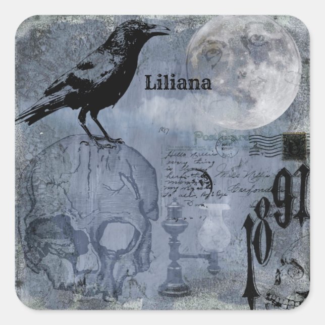 Pegatina Cuadrada Personalizar Vintage Halloween Skull and Crow (Anverso)