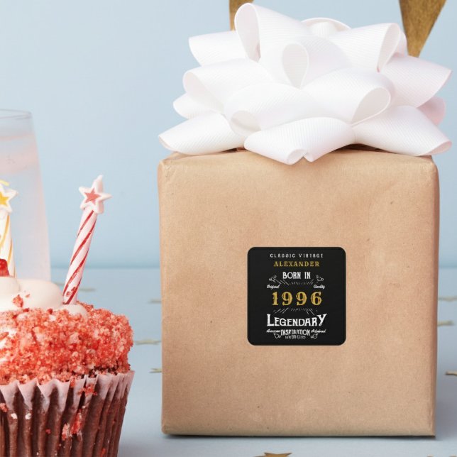 Pegatina Cuadrada Personalized 30th Birthday Add Name 1996 Legend (Born 1996 sticker on a wrapped gift.)