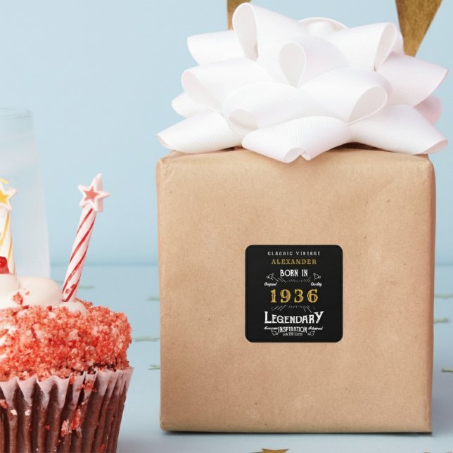 Pegatina Cuadrada Personalized 90th Birthday Add Name 1936 Legend (Born 1936 Birthday sticker on a wrapped gift.)