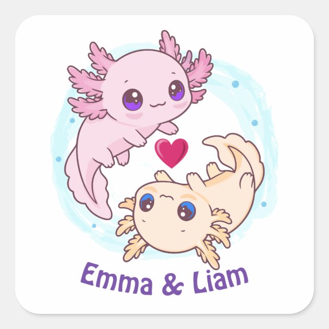 Pegatina Cuadrada Personalized Axolotl Couple Valentine Sticker (Anverso)